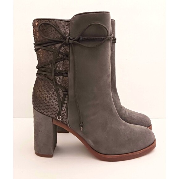 NEW Johnston & Murphy Adley Gray Suede Snake Leather Ankle Boot Block Heel Sz 7 - Picture 4 of 9